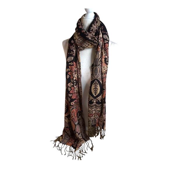 Accessories - Vintage Black Earth Tones Paisley Pashmina Shawl Scarf with Fringe Tassels